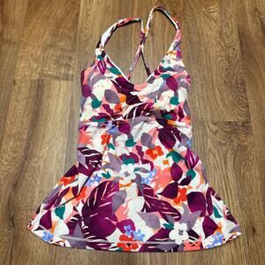 Athleta Womens Purple Floral Lace Up Tankini Swim Suit Top Size Small Tall ST